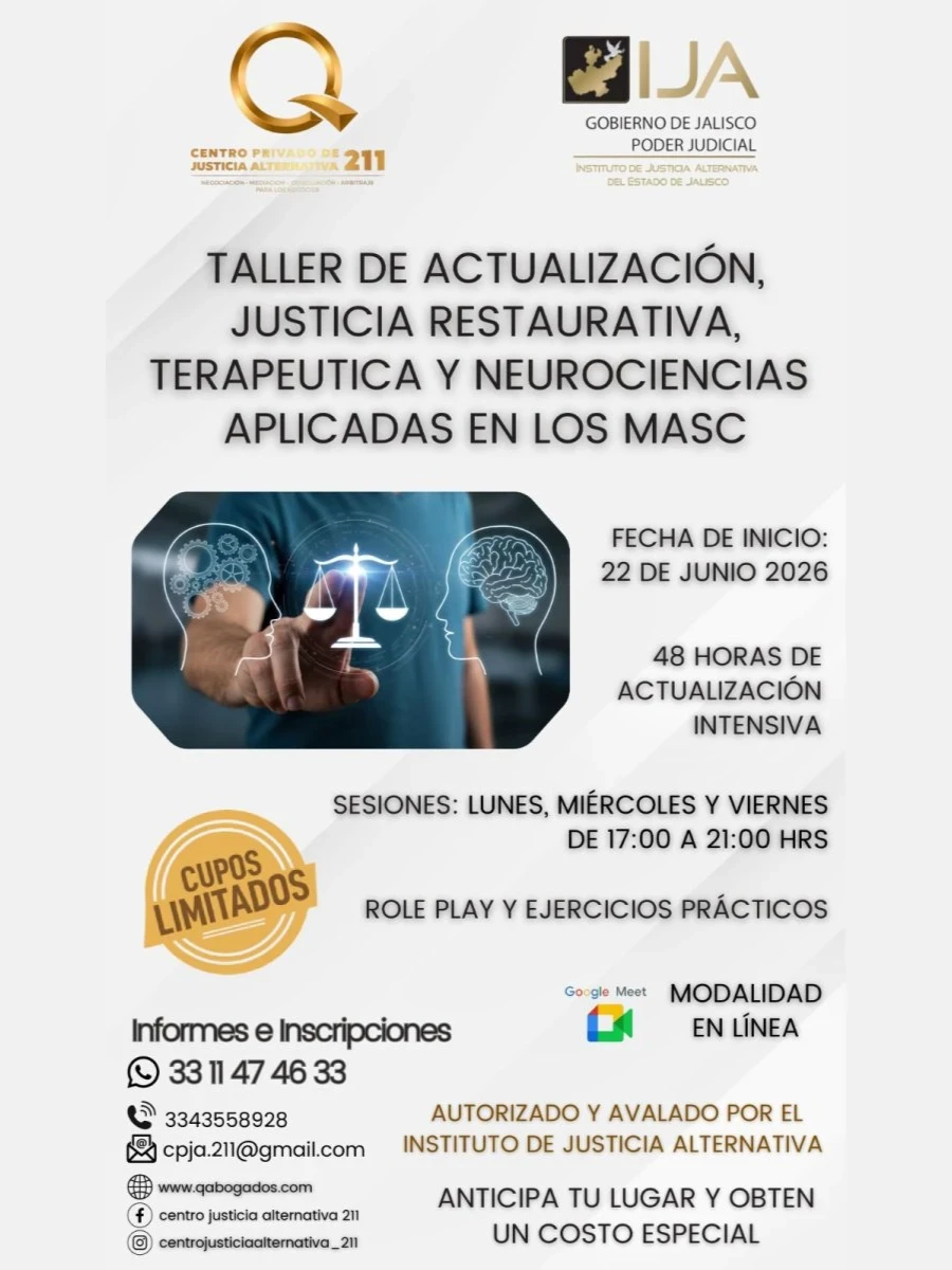 Taller de Actualización, Justicia Restaurativa. Terapeutica y Neurociencias Aplicadas en los MASC en línea